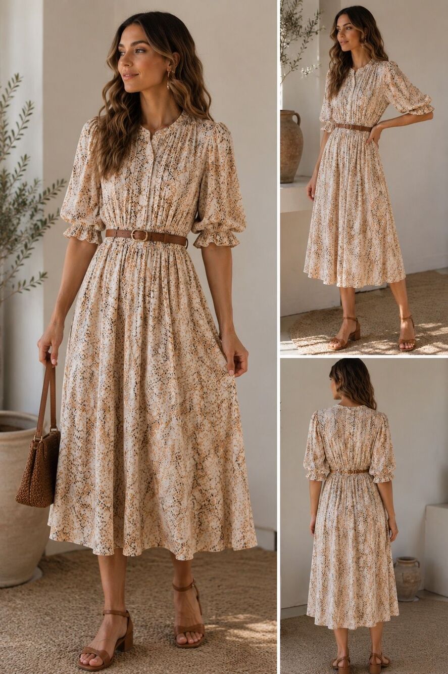 Calvin Klein Snakeskin Print Midi Dress Size 4 Cream Elastic Waist Puff Sleeve